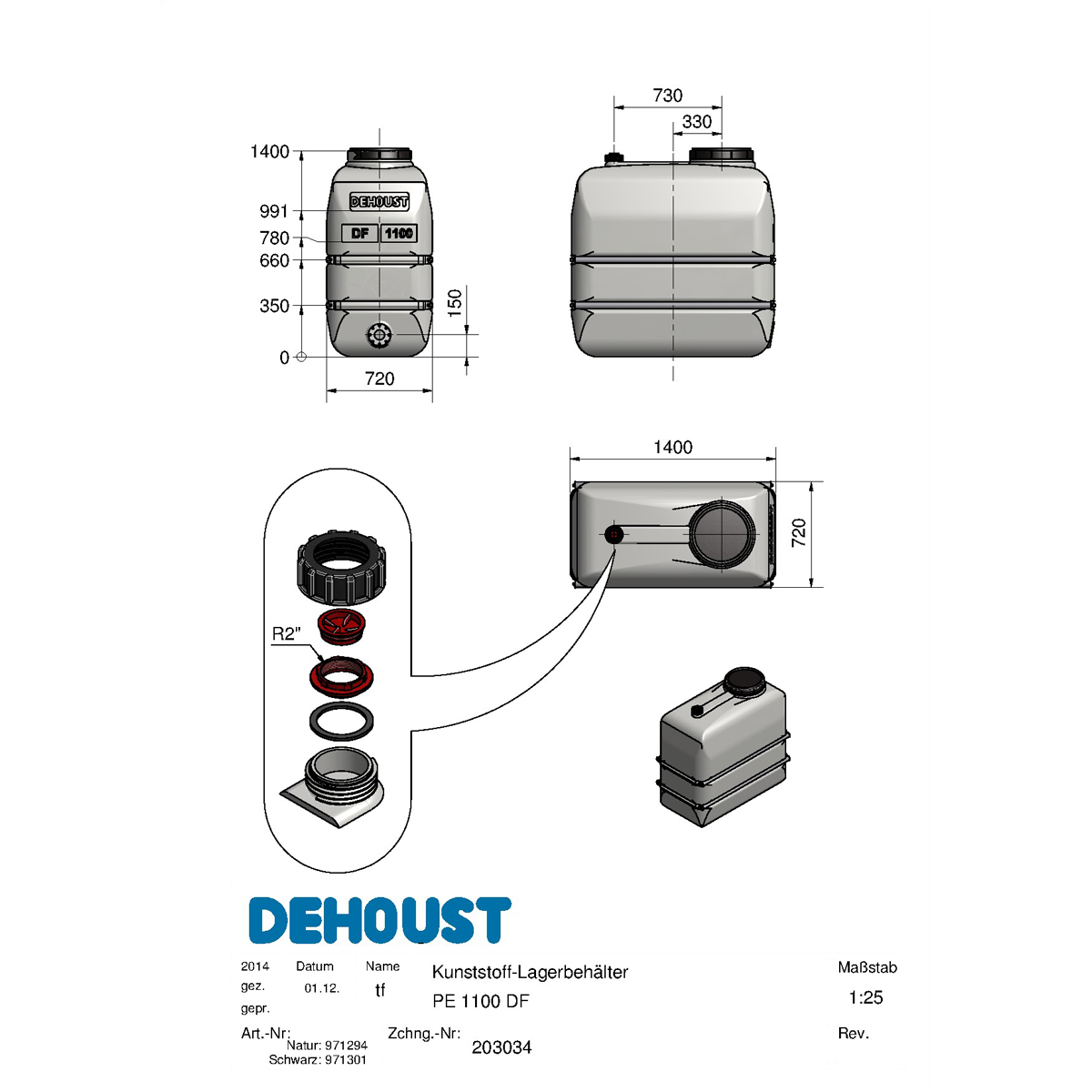 DEHOUST VANDTANK PE 1100 DF - teknisk data 