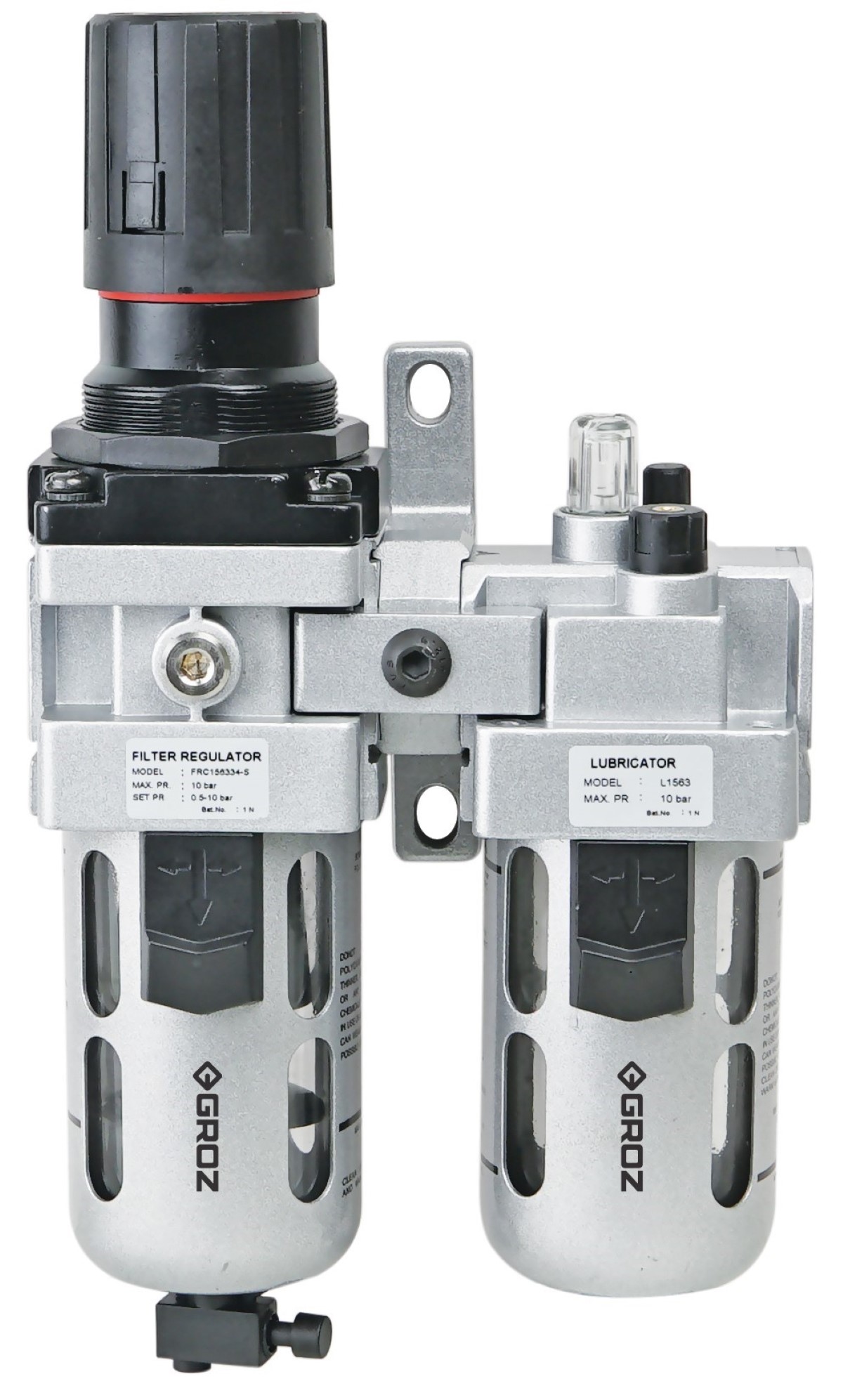 Trykregulator 1/2" med vandudskiller & tågesmører. 10 bar. Maks. 2800 L/min.