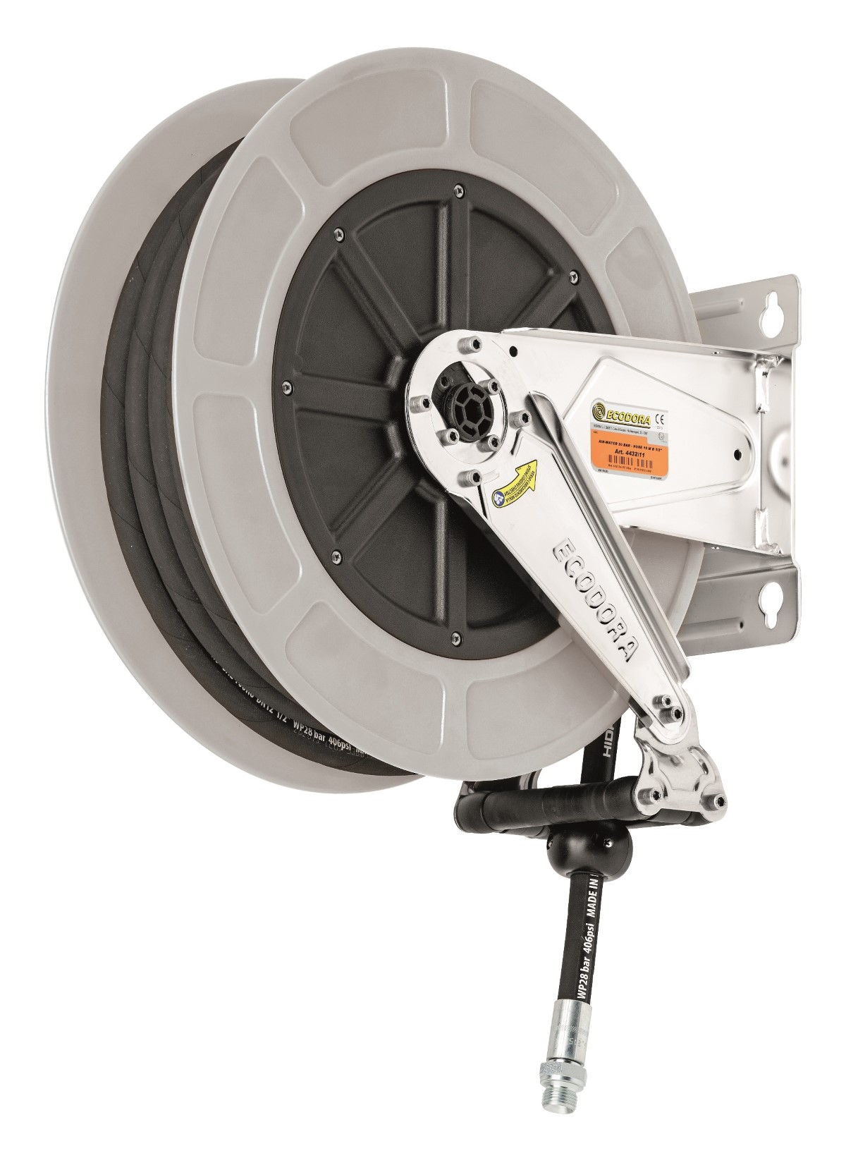 Åben 1/2” rustfri slangeopruller til luft/vand/diesel m.m. Uden slange.