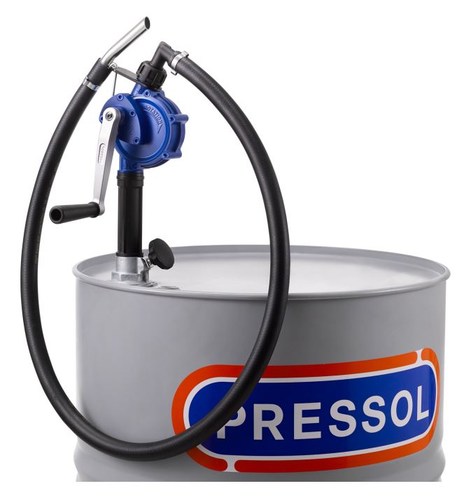 Pressol rotationspumpe med 2 m udløbsslange og bøjet udløb. (1/4 og 1/1 tromle).