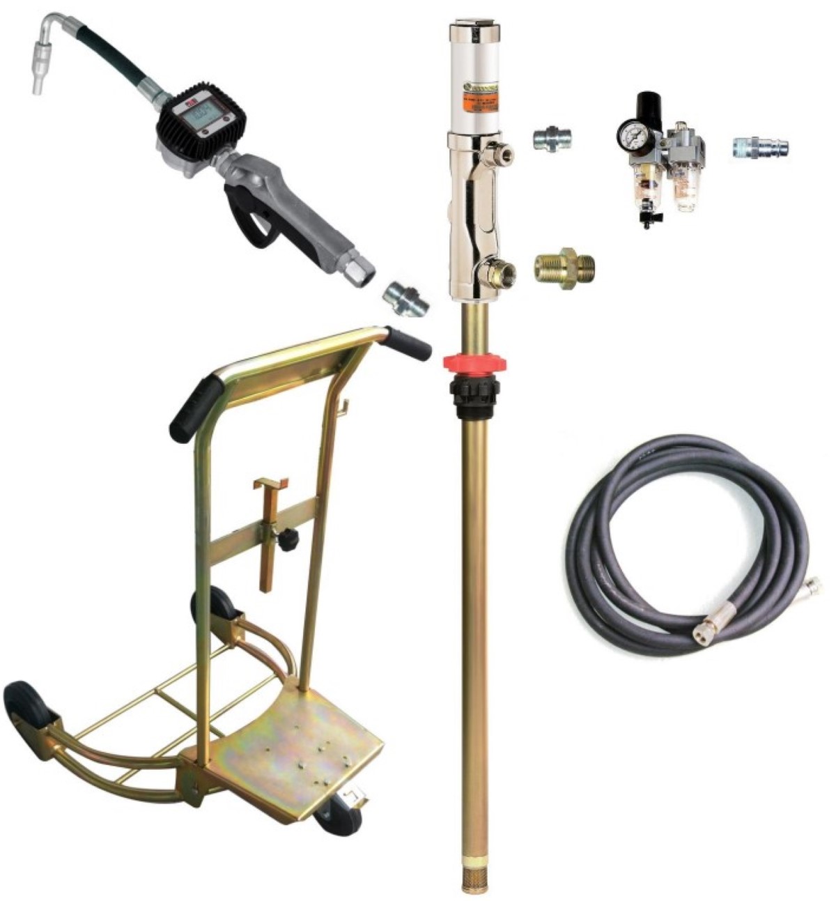 Tromlevogn til 1/1 fad m. Piusi K400 digital oliepistol og Ecodora 3:1 oliepumpe