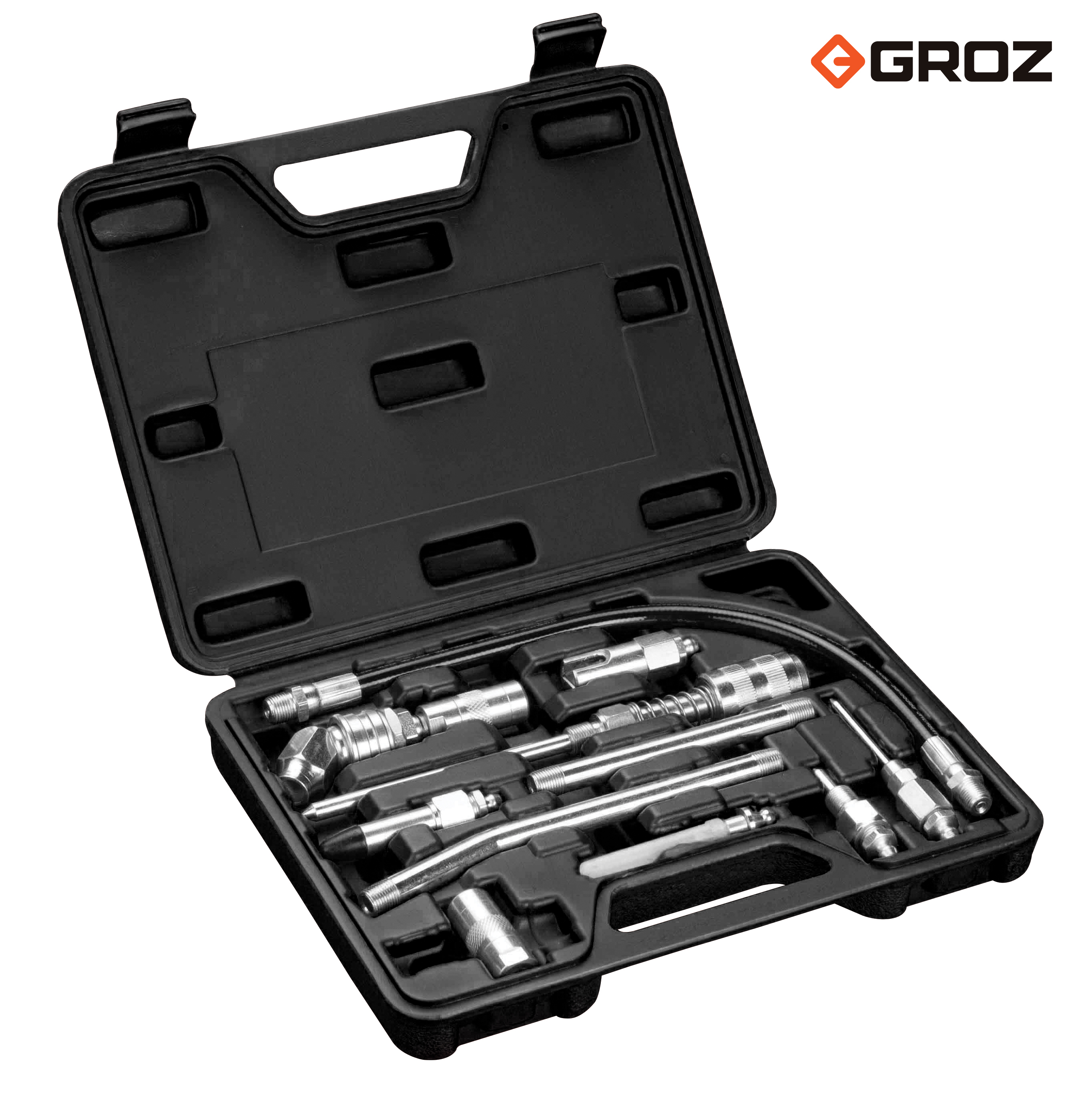 Tilbehørssæt med 11 dele i kuffert fra GROZ med 1/8” BSPT-tilslutning